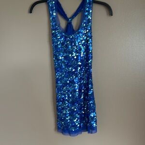 Blue Sequin Sleeveless Tanktop with gems around neckline